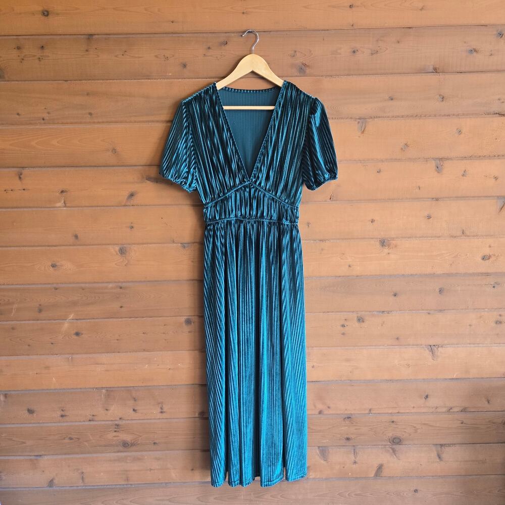 Emerald Velvet Dress Midi Bustier Milkmaid Short Sleeve Vneck M Bridesmaid Boho - Picture 2 of 6
